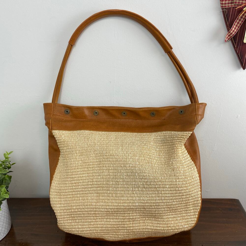 Furla Straw and Cognac Leather Slouchy Hobo Shoulder Bag Tote Bohemian Chic - Picture 4 of 14